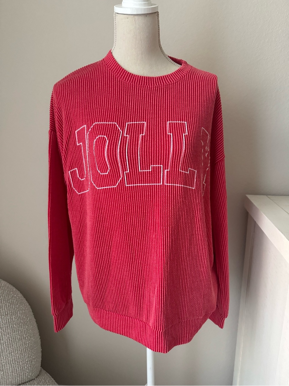 Tres Bien Bright Red Ribbed Crewneck Sweater with JOLLY Lettering